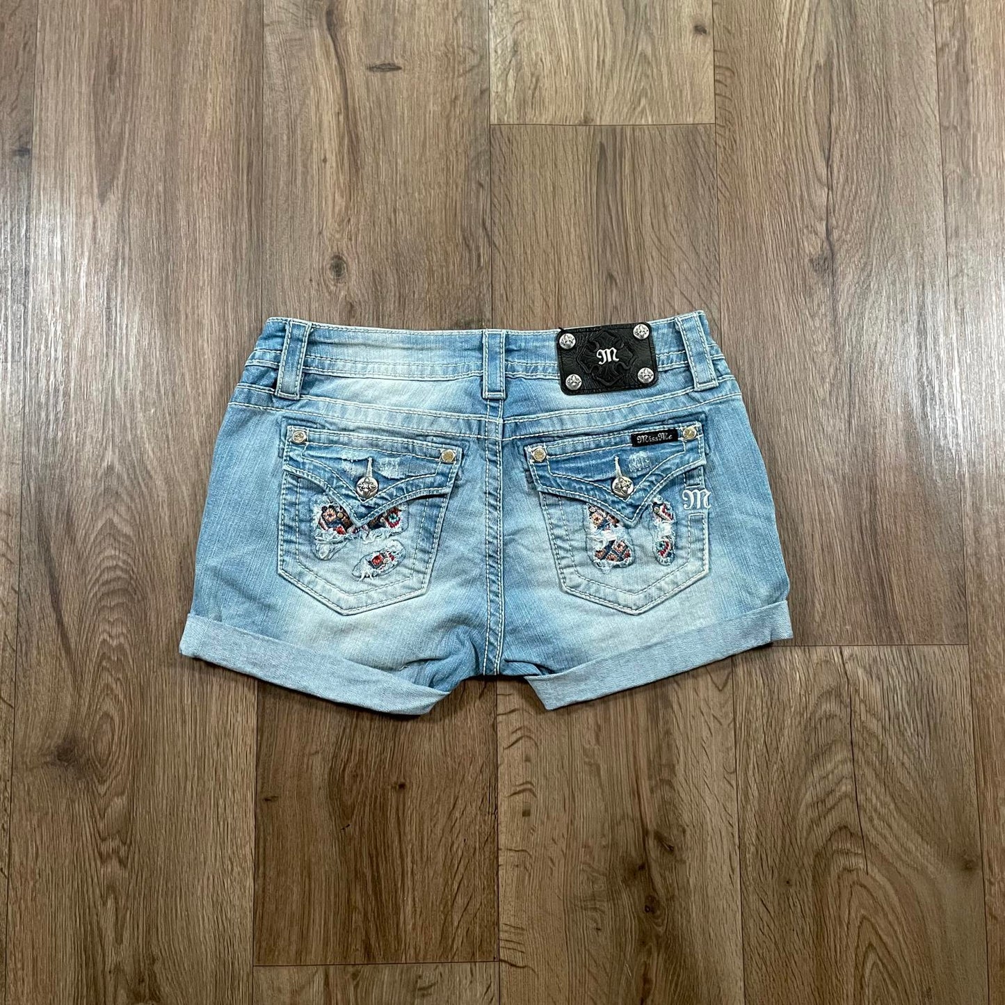 Miss Me Y2K Low Waisted Aztec Embroidered Mini Denim Shorts