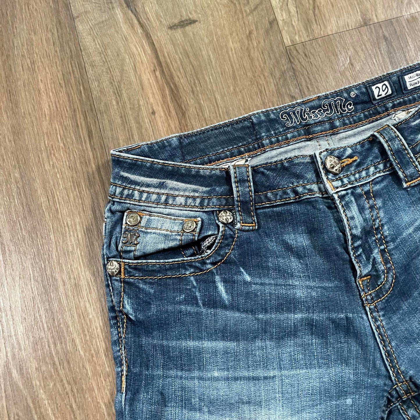 Miss Me Cross Detail Mid Rise Slim Boot Jeans