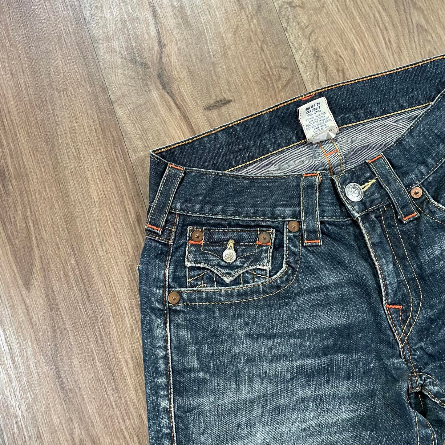 True Religion Boot Cut Jeans With Tan Stitching and Orange Accents W29 L30