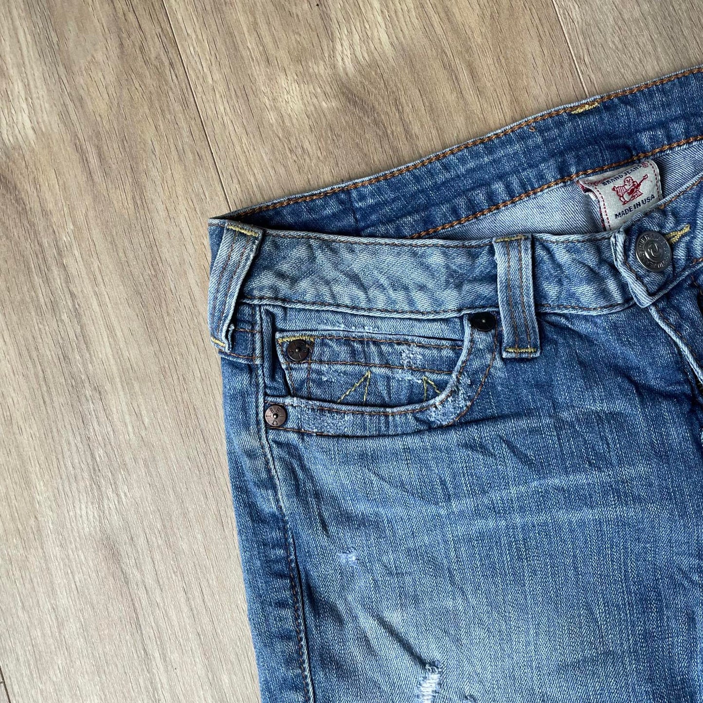 True Religion Blue Embroidered Mini Shorts