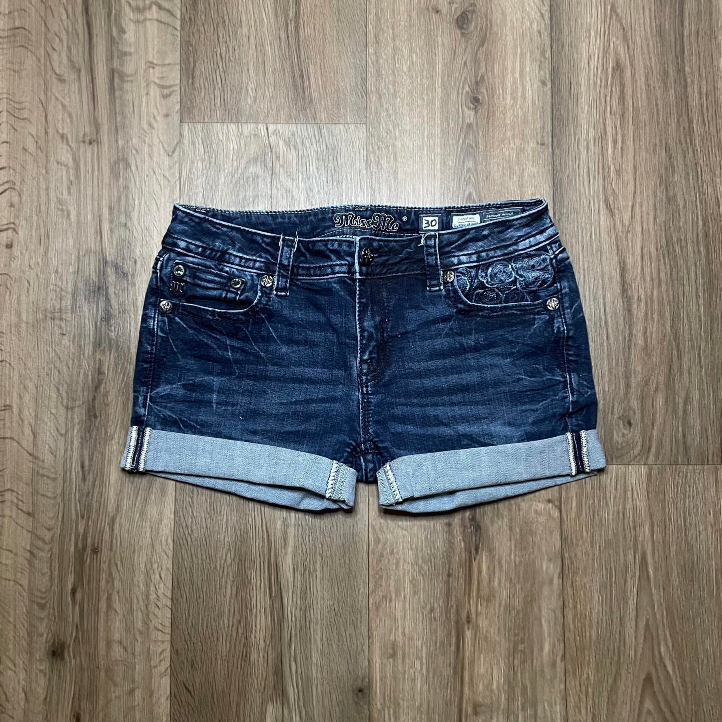 Miss Me Blue Embroidered Mini Shorts