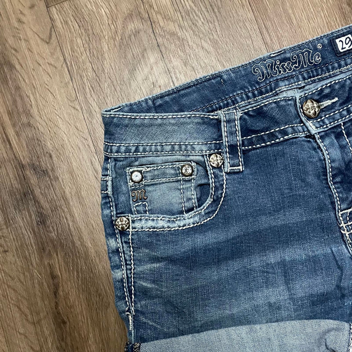Miss Me Low Waisted Embroidered Mini Denim Shorts