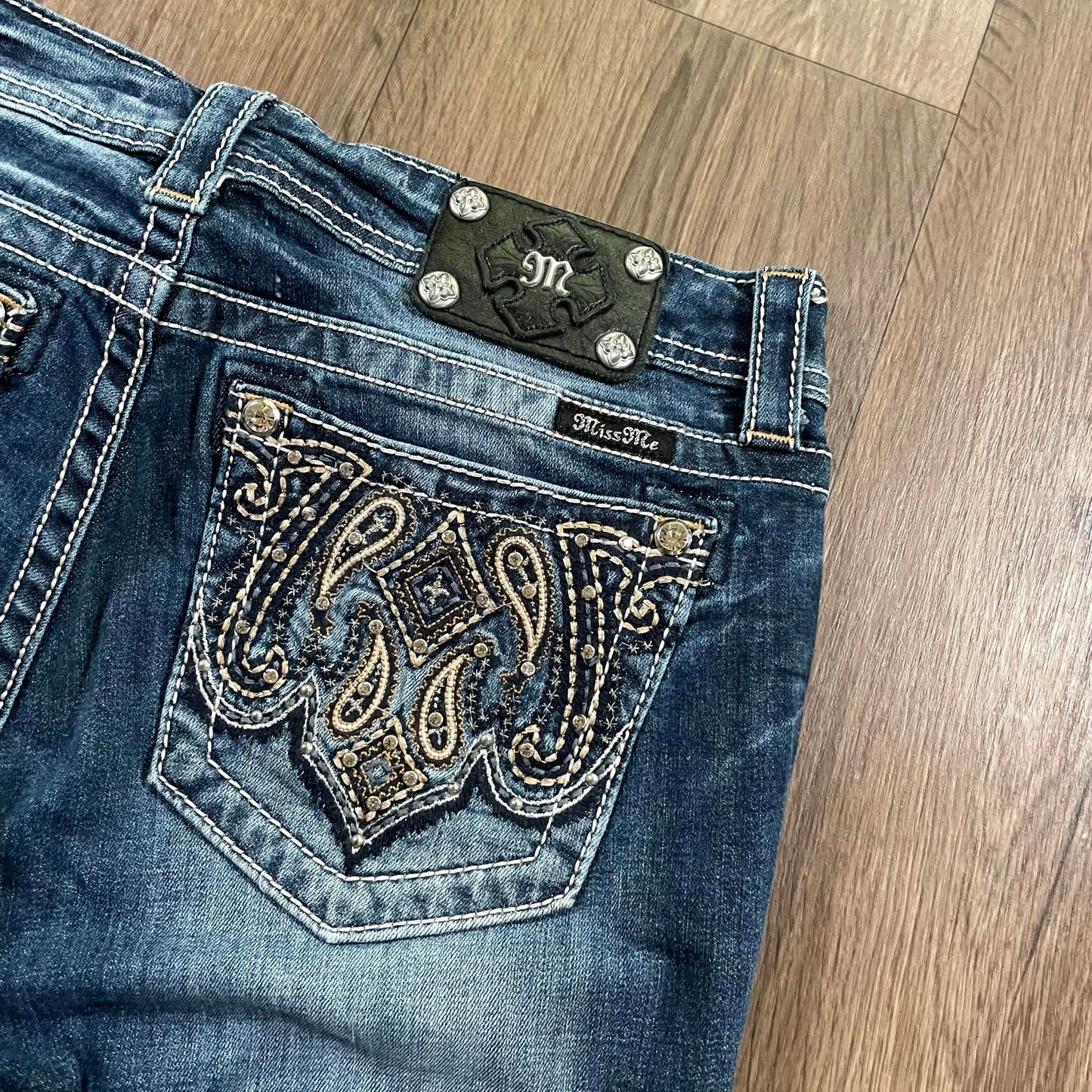 Miss Me Embroidered Boot Cut Mid Rise Jeans