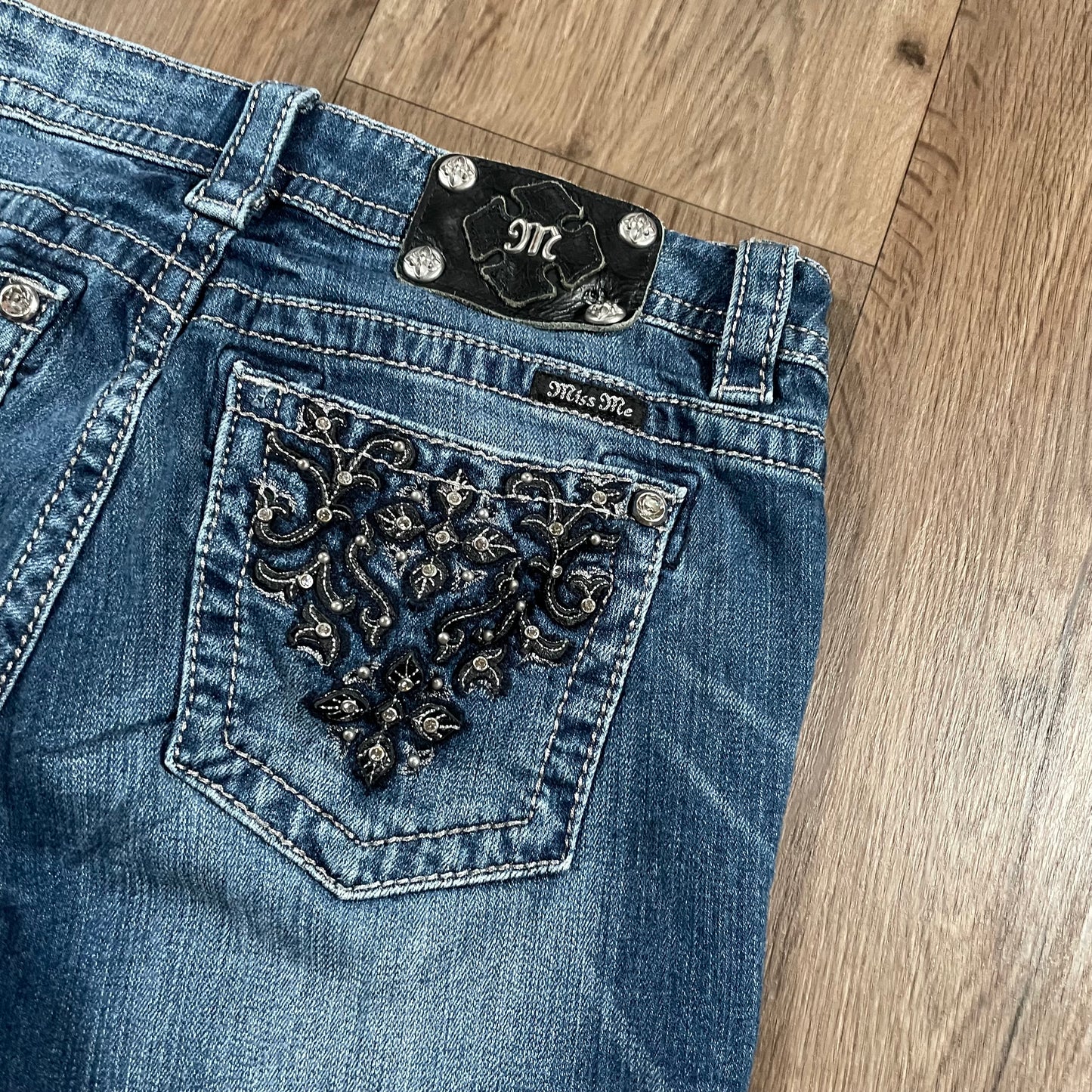 Miss Me Mid Rise Skinny Jeans Embelished Flower Detail