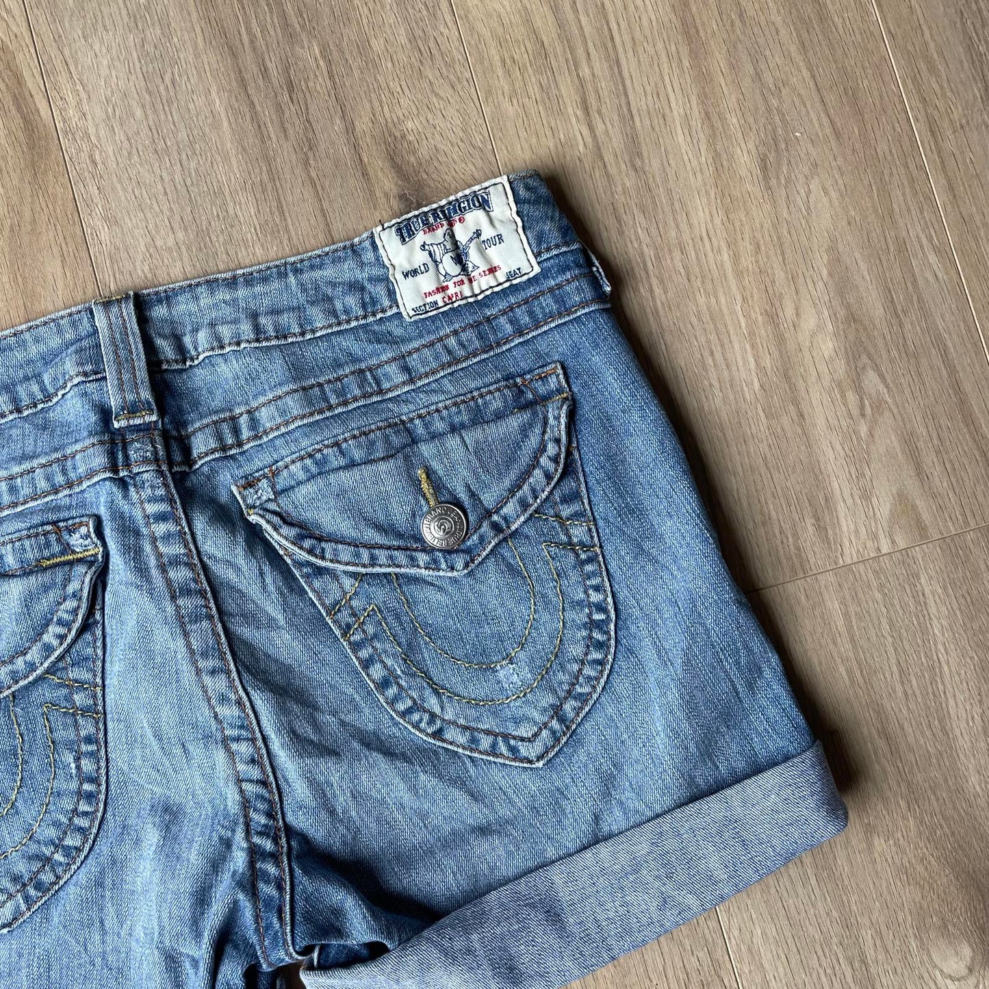 True Religion Blue Embroidered Mini Shorts
