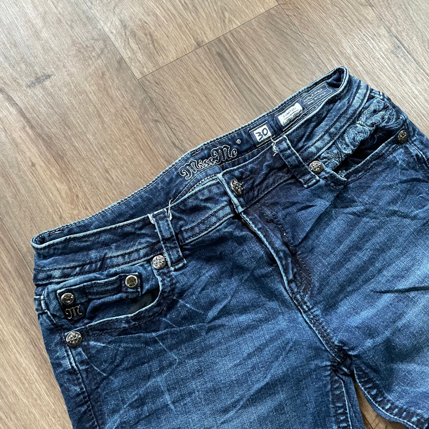 Miss Me Embroidered Detail Dark Cuffed Skinny Jeans