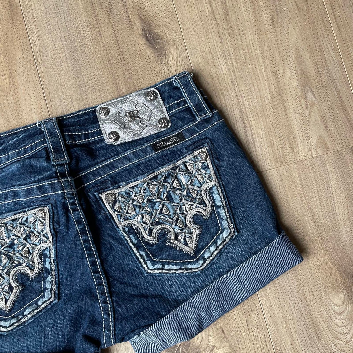 Miss Me Geometric Pocket Denim Shorts Y2K