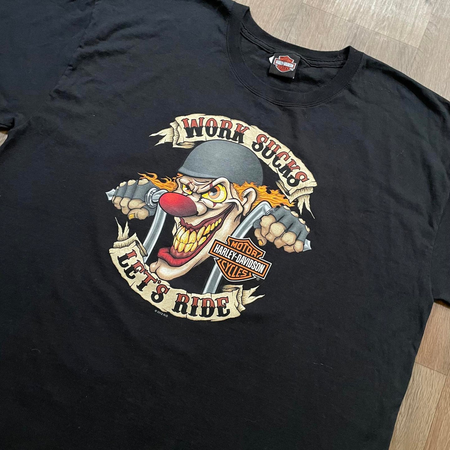 Vintage 2012 Harley Davidson "Work Sucks" Clown Print T-Shirt Black
