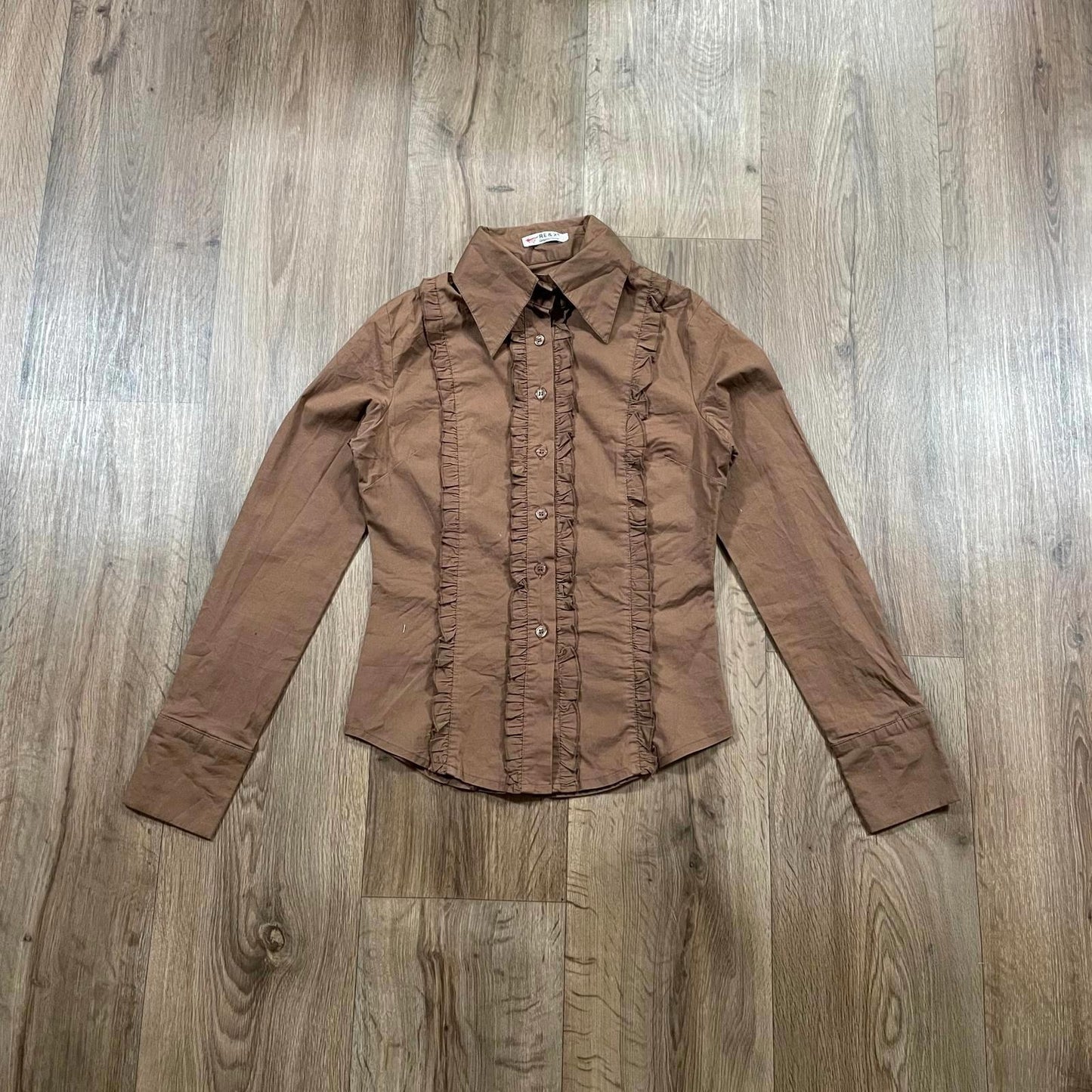 Brown Fitted Long Sleeve Collared Shirt