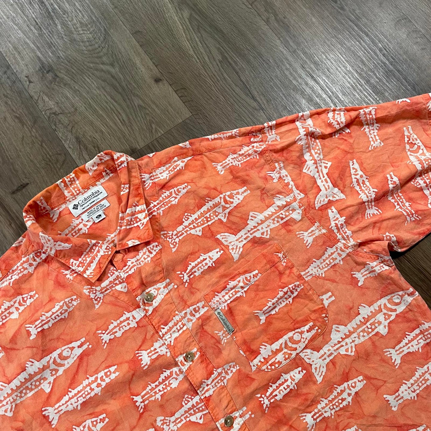 Vintage Columbia Orange Fish Print Button Up Shirt