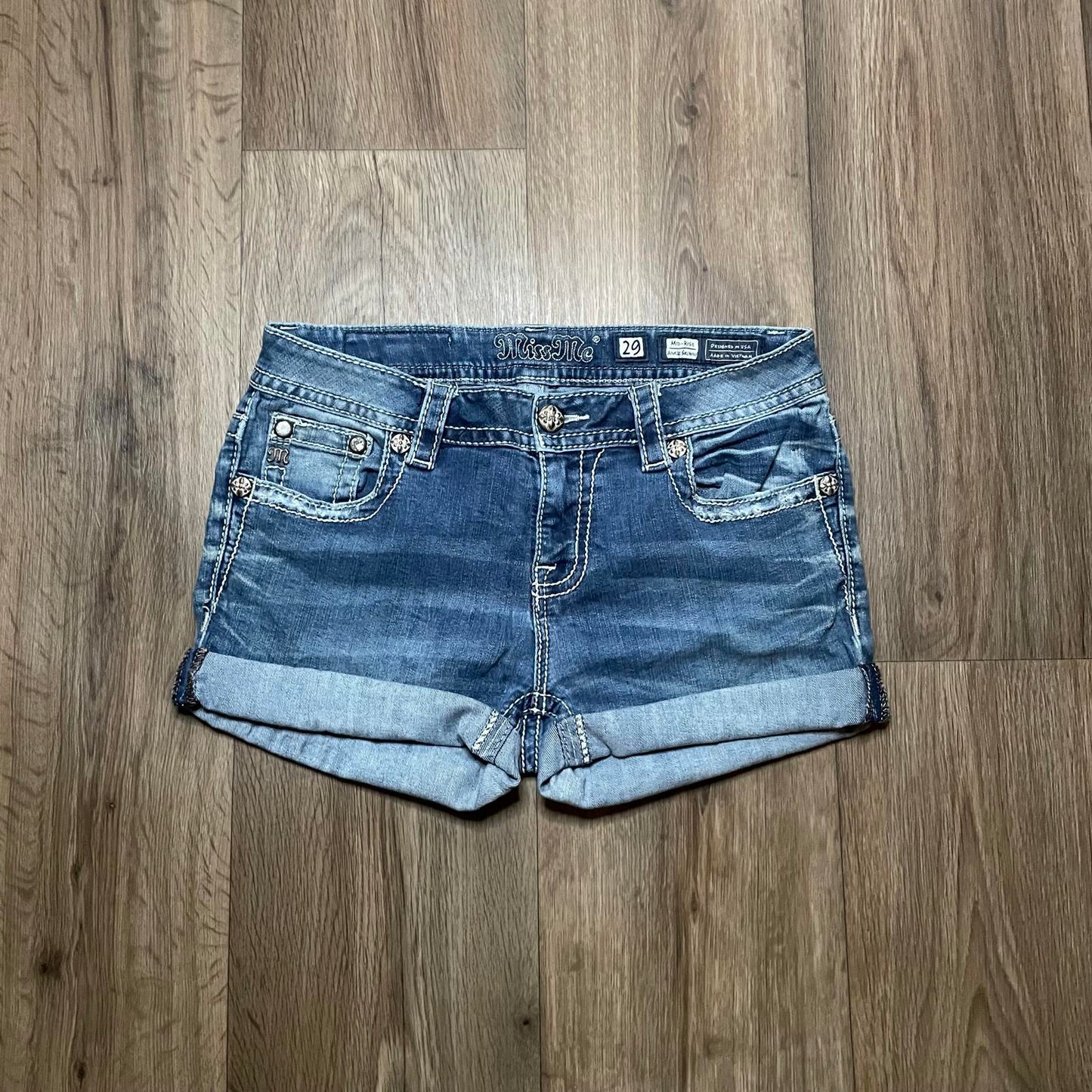 Miss Me Low Waisted Embroidered Mini Denim Shorts