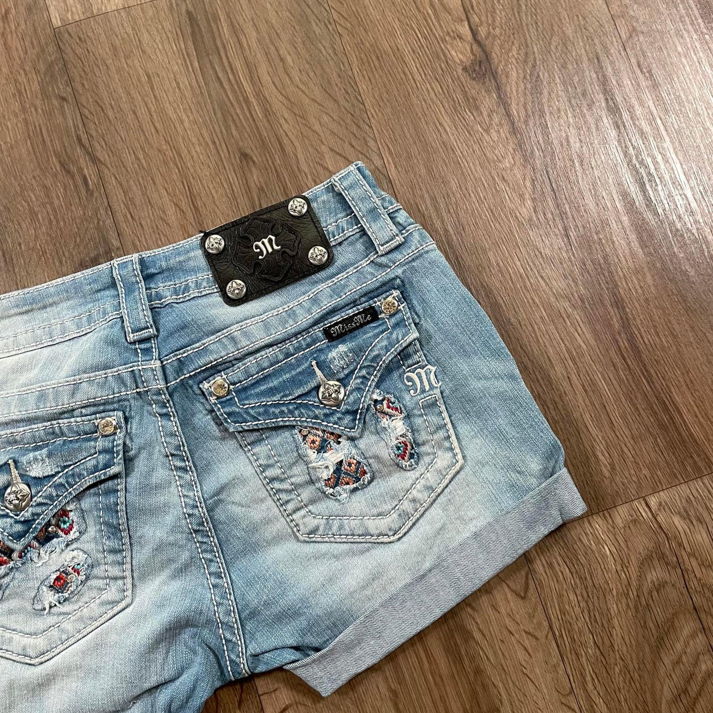 Miss Me Y2K Low Waisted Aztec Embroidered Mini Denim Shorts