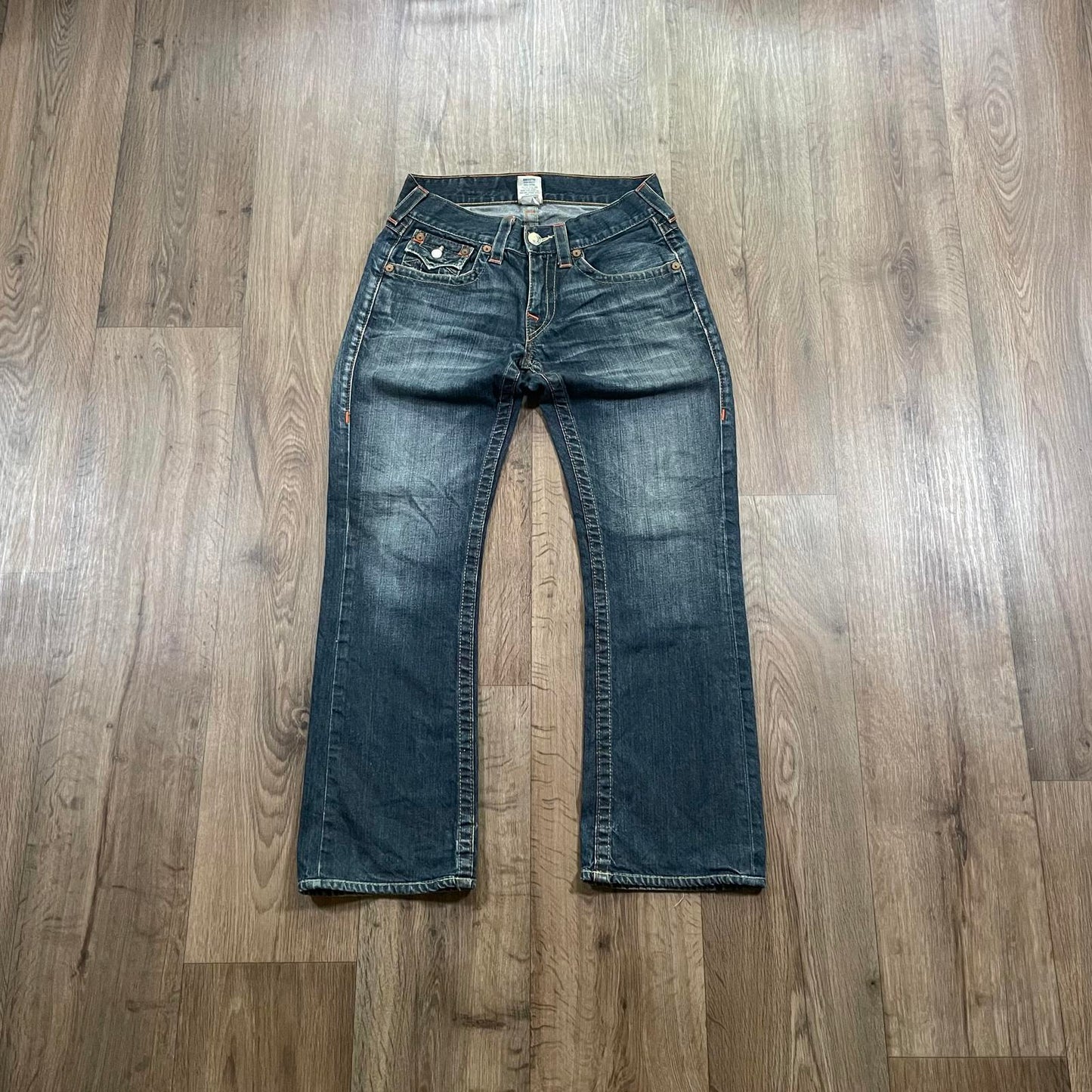 True Religion Boot Cut Jeans With Tan Stitching and Orange Accents W29 L30