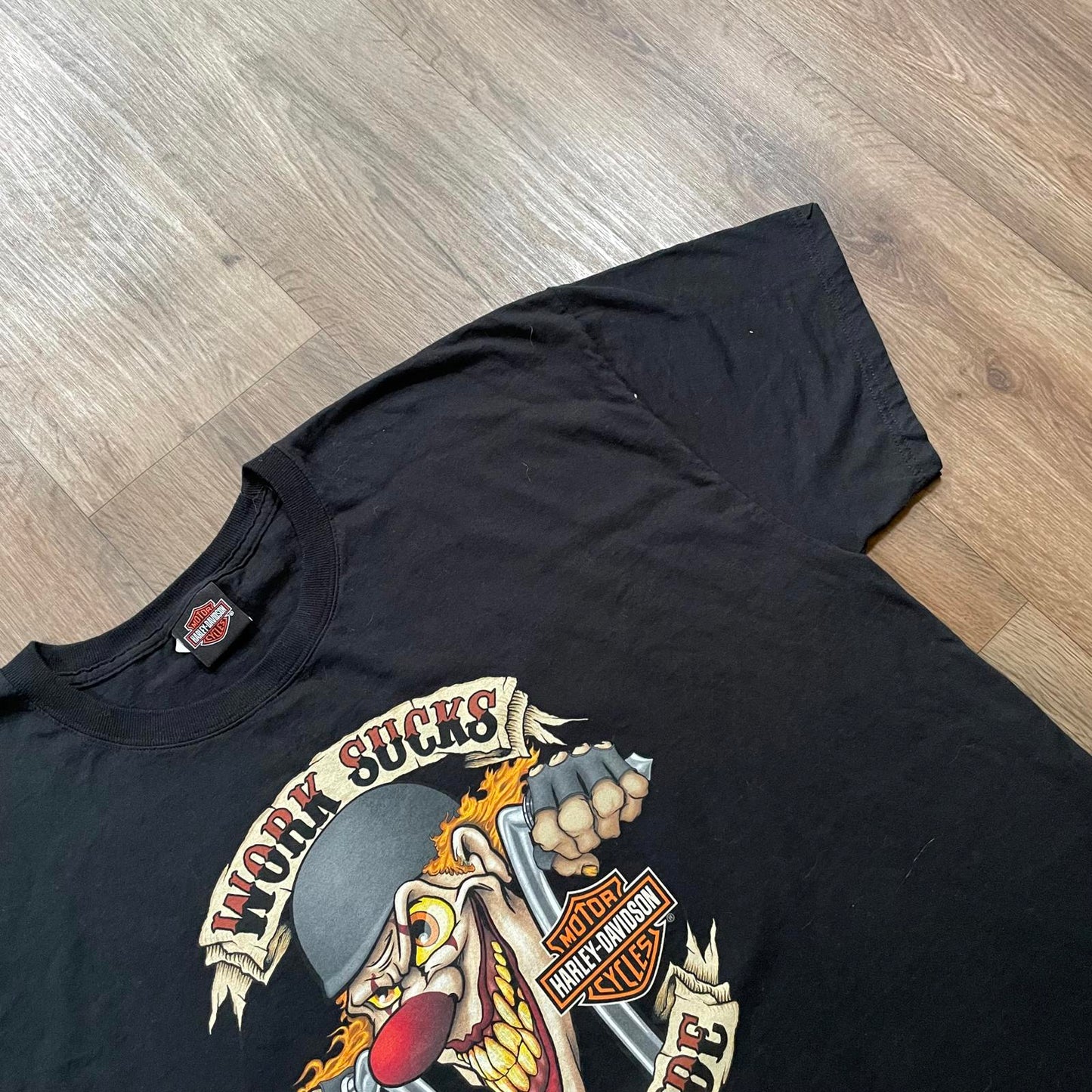 Vintage 2012 Harley Davidson "Work Sucks" Clown Print T-Shirt Black