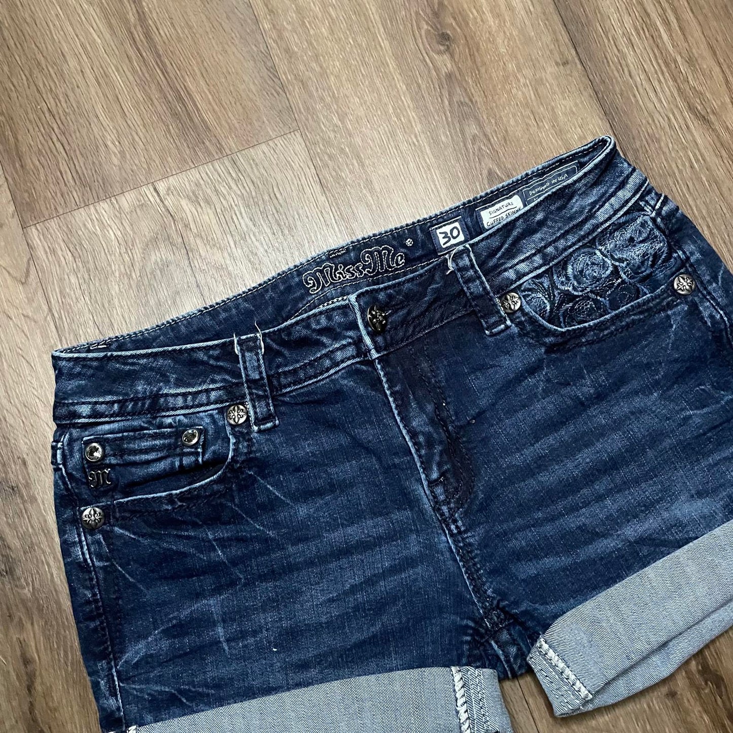 Miss Me Blue Embroidered Mini Shorts