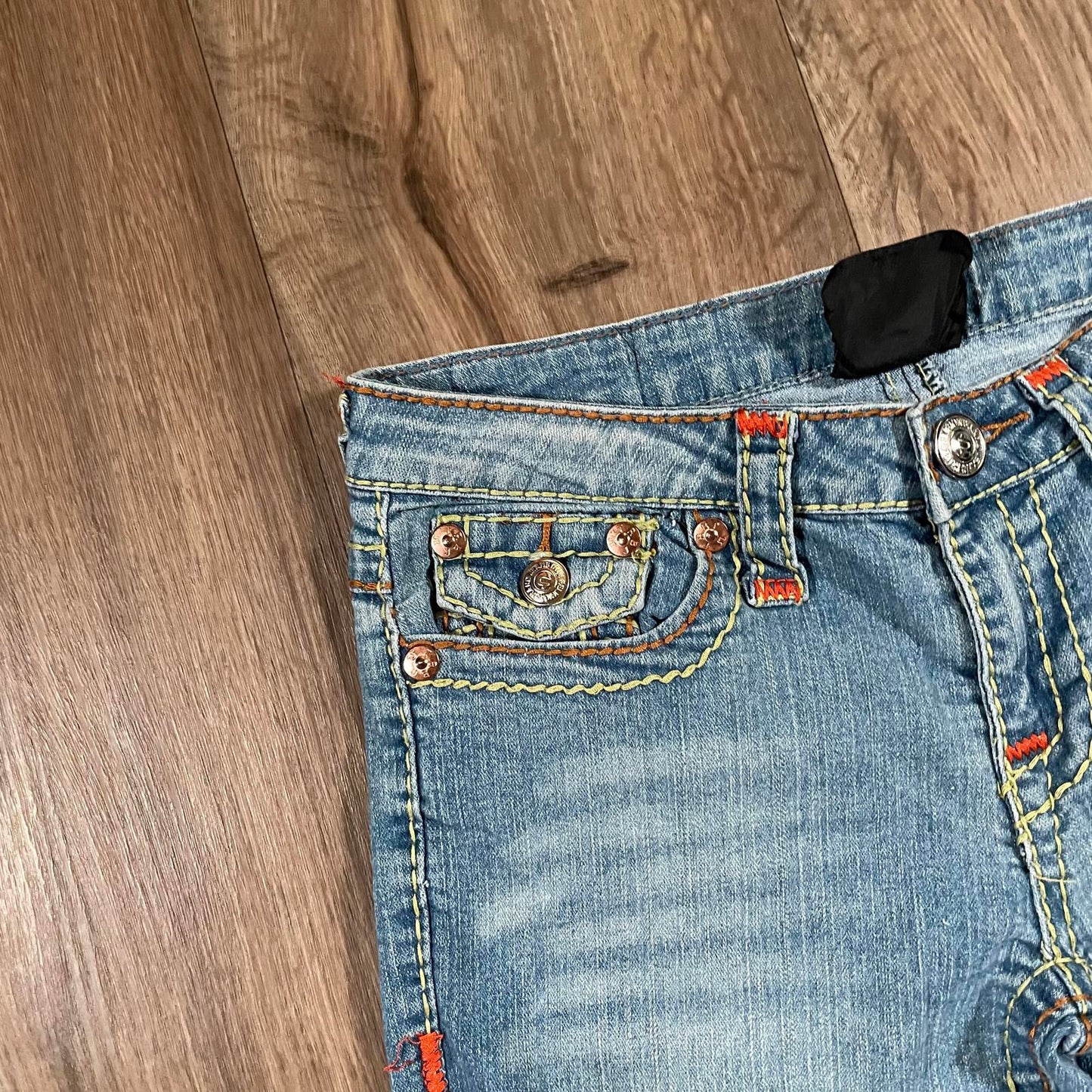 True Religion Blue Straight Leg Jeans Yellow Stitching W29 L30.5