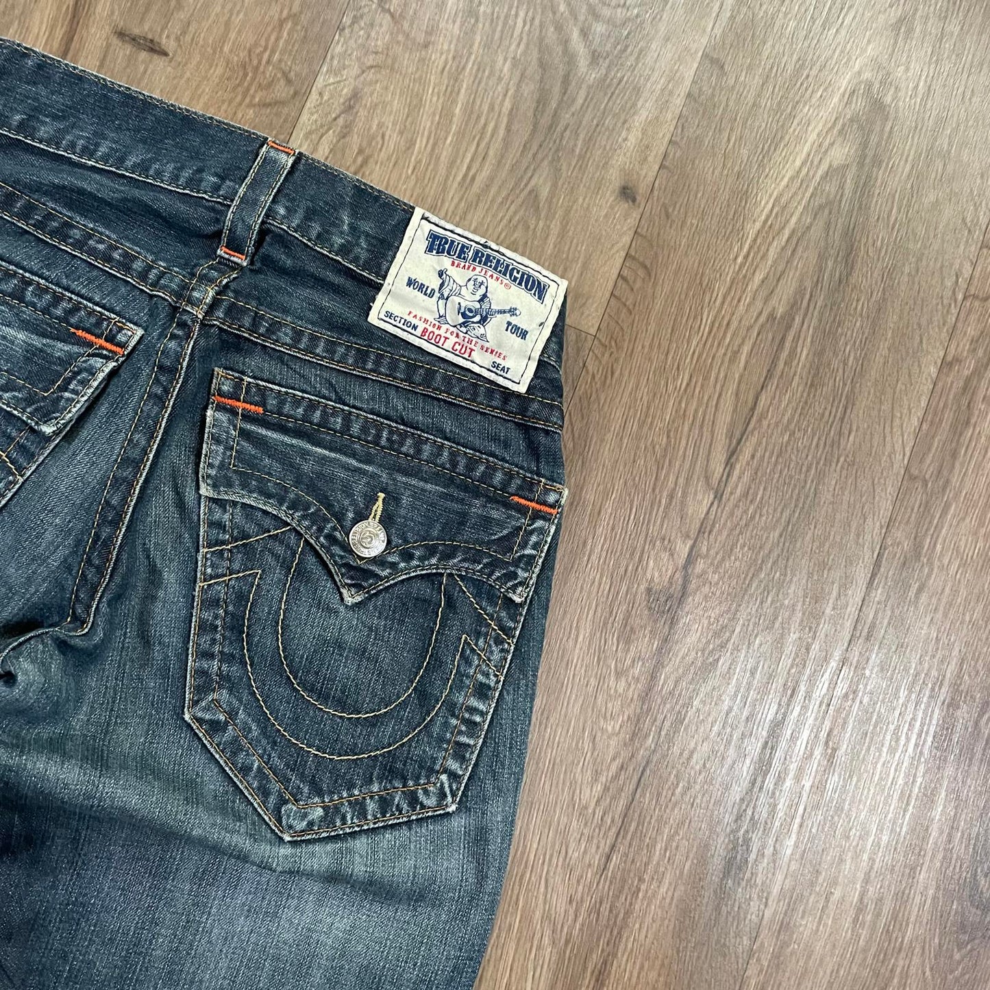 True Religion Boot Cut Jeans With Tan Stitching and Orange Accents W29 L30