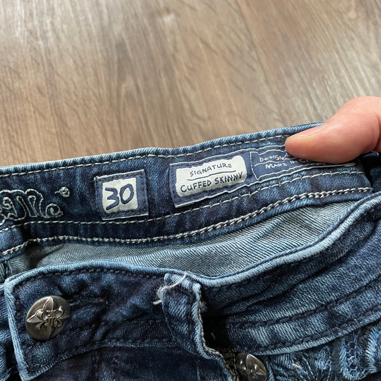 Miss Me Embroidered Detail Dark Cuffed Skinny Jeans