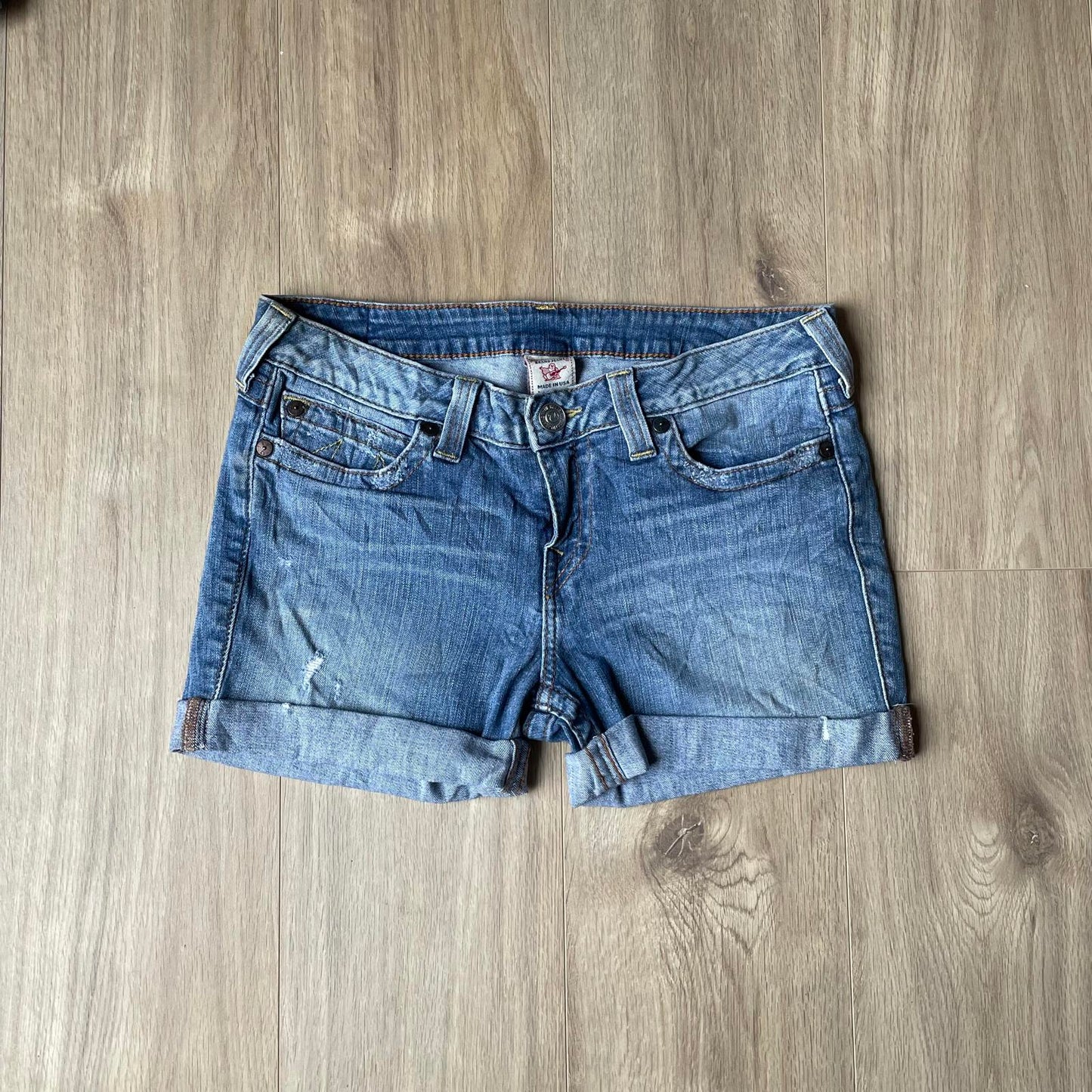 True Religion Blue Embroidered Mini Shorts