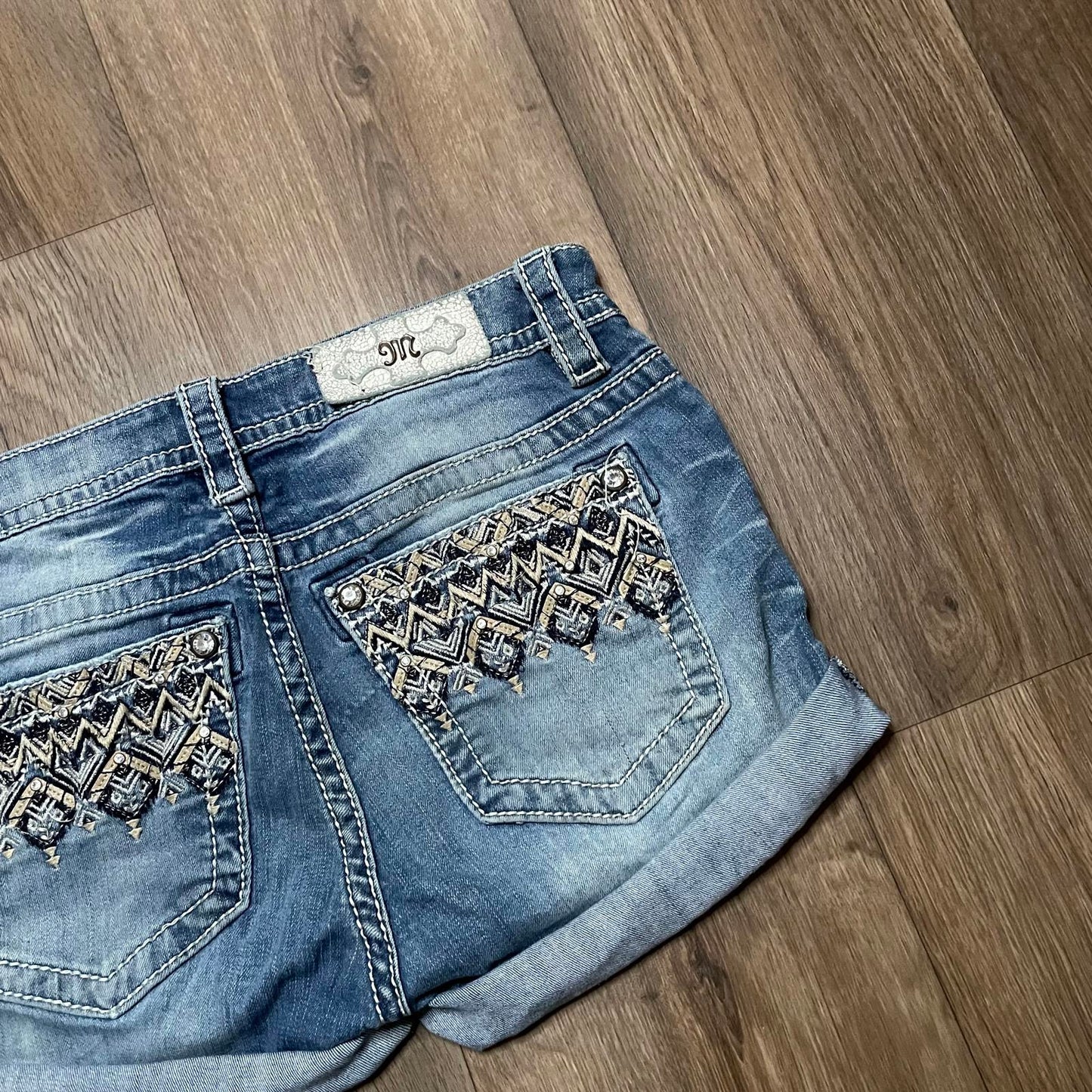 Miss Me Low Waisted Embroidered Mini Denim Shorts