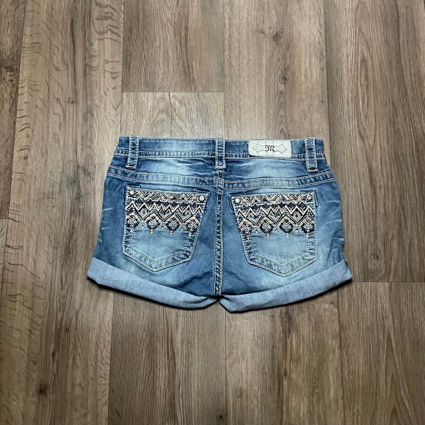 Miss Me Low Waisted Embroidered Mini Denim Shorts