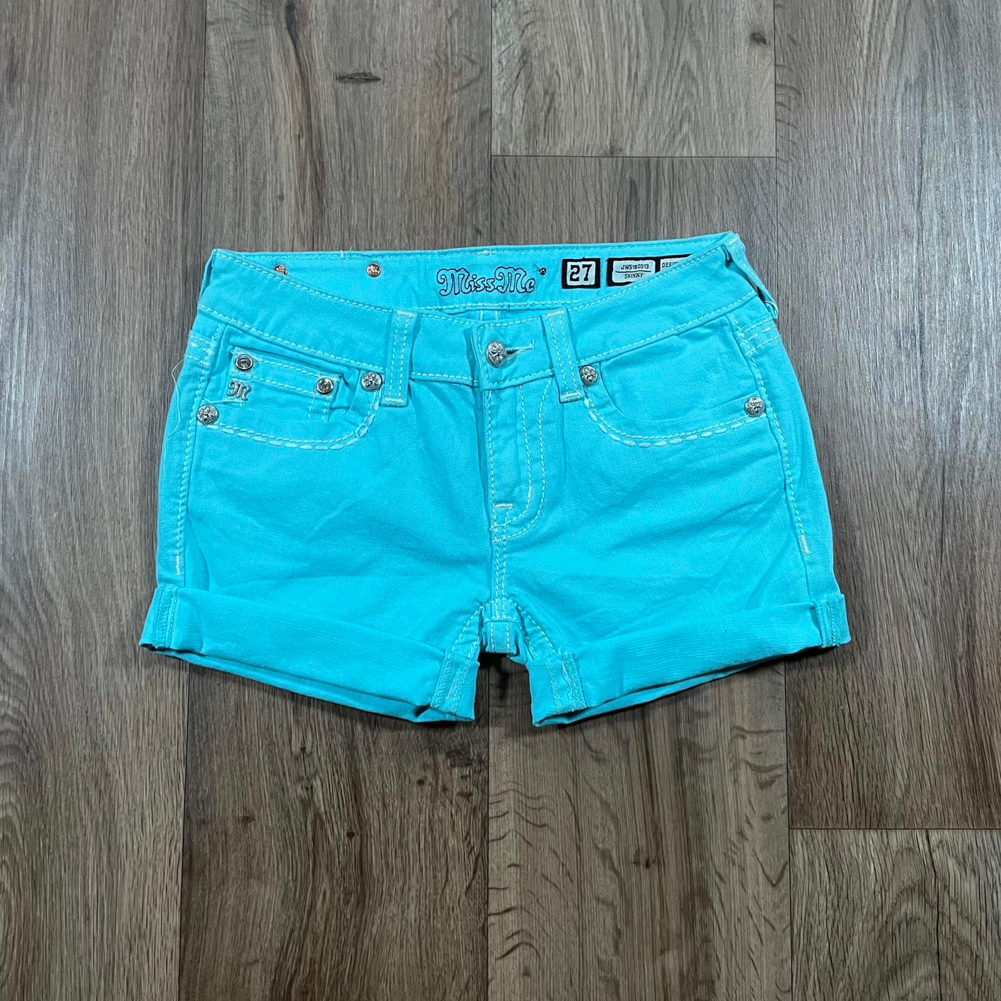 Miss Me Turquoise Embroidered Mini Shorts