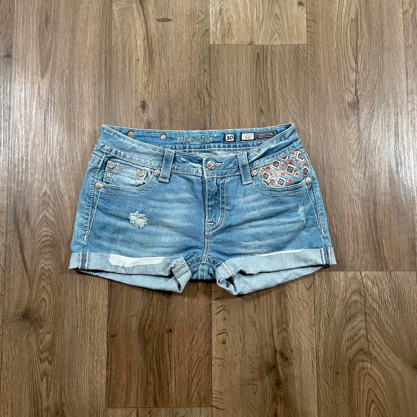 Miss Me Y2K Low Waisted Aztec Embroidered Mini Denim Shorts