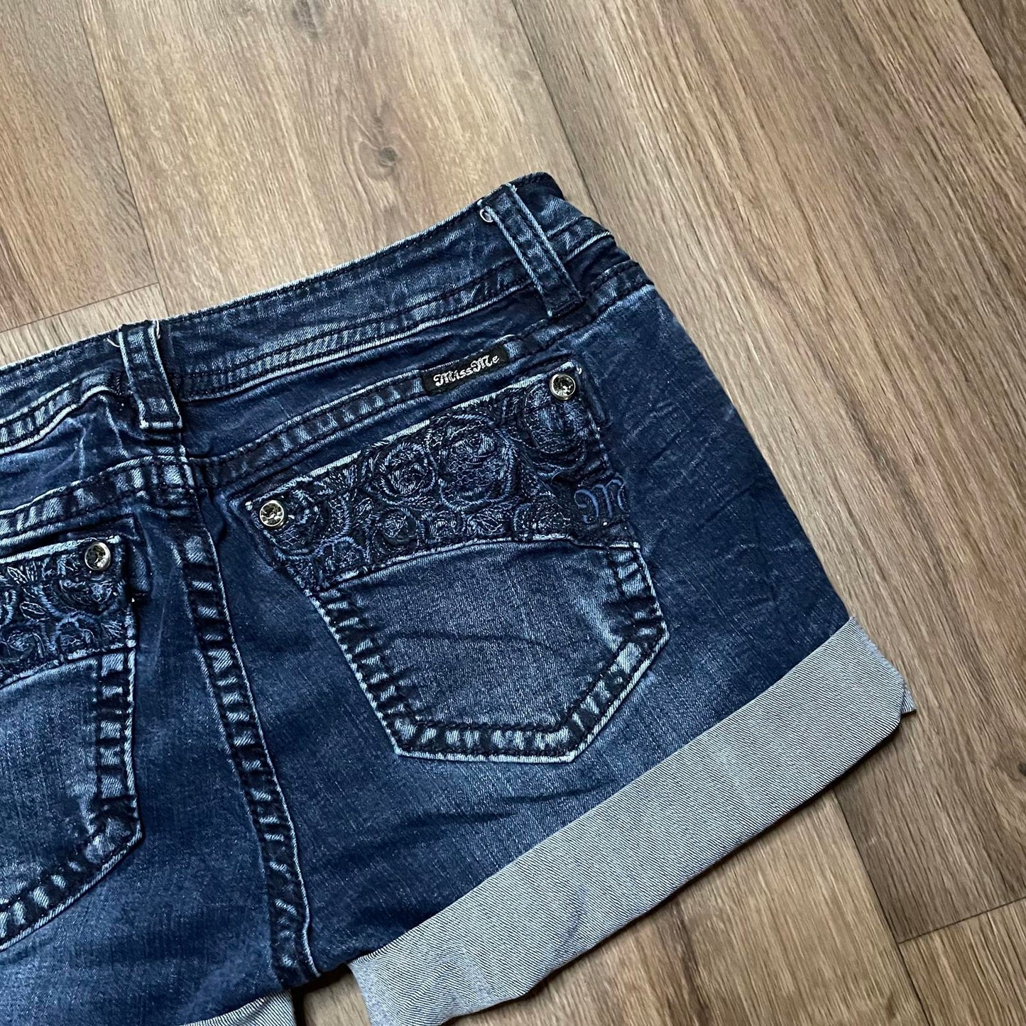 Miss Me Blue Embroidered Mini Shorts