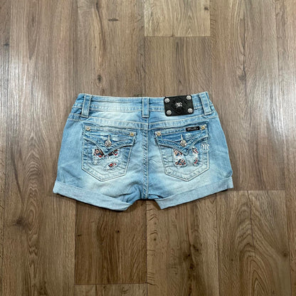 Miss Me Y2K Low Waisted Aztec Embroidered Mini Denim Shorts