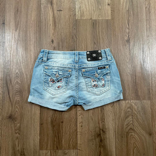 Miss Me Y2K Low Waisted Aztec Embroidered Mini Denim Shorts