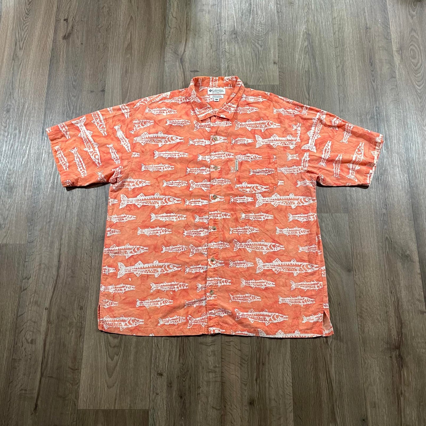 Vintage Columbia Orange Fish Print Button Up Shirt