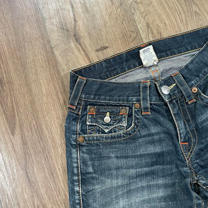 True Religion Boot Cut Jeans With Tan Stitching and Orange Accents W29 L30