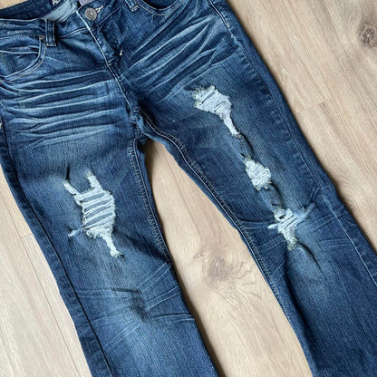 Almost Famous Dark Embroidered Ripped Jeans Y2K Style Low Wasited W30 L33