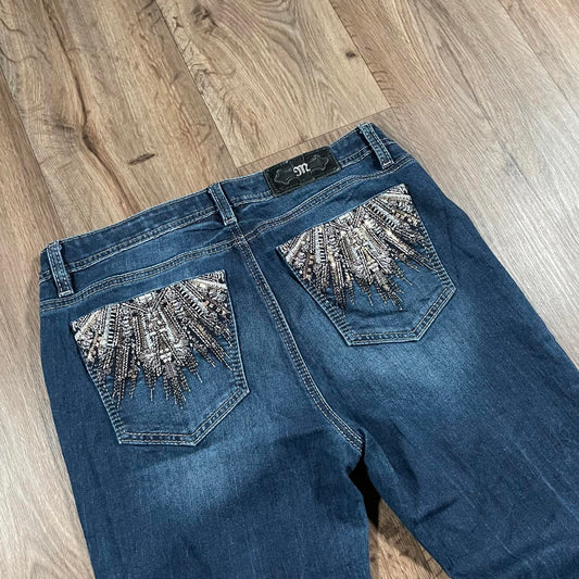 Miss Me Dark Wash Boot Cut Jeans with Sequin Pockets w32 l34