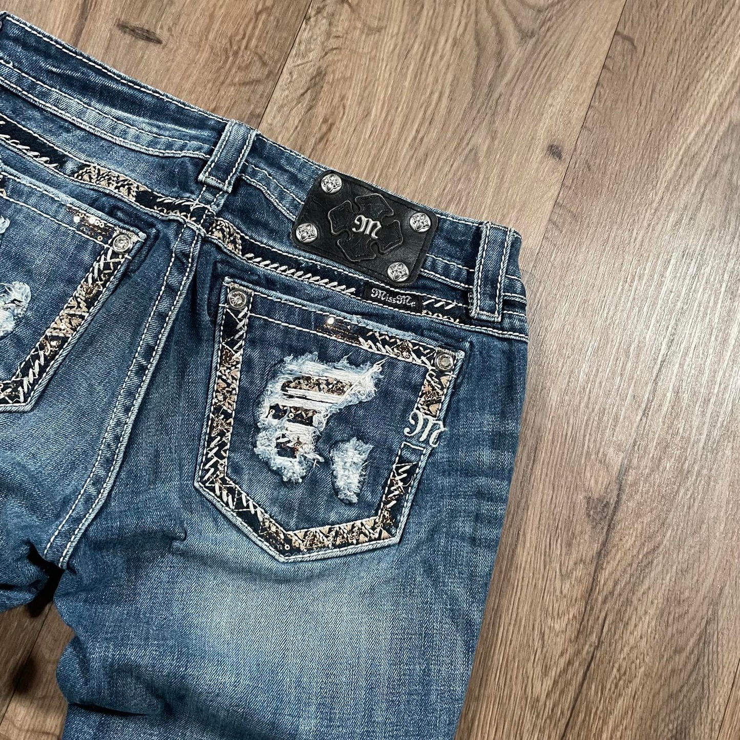 Miss Me Gold Sequin Distressed Boot Cut Jeans