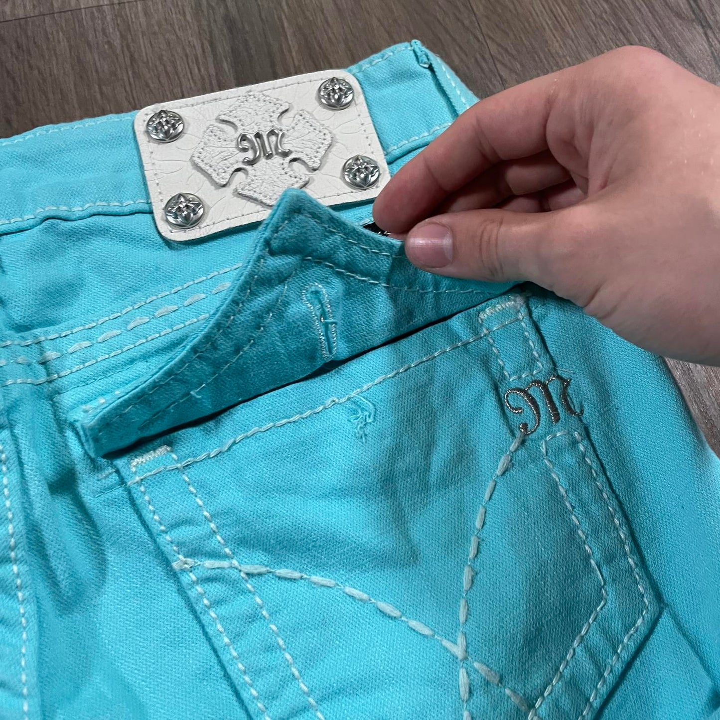 Miss Me Turquoise Embroidered Mini Shorts