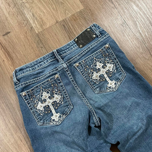 True Lux Flared Jeans Cross Detail