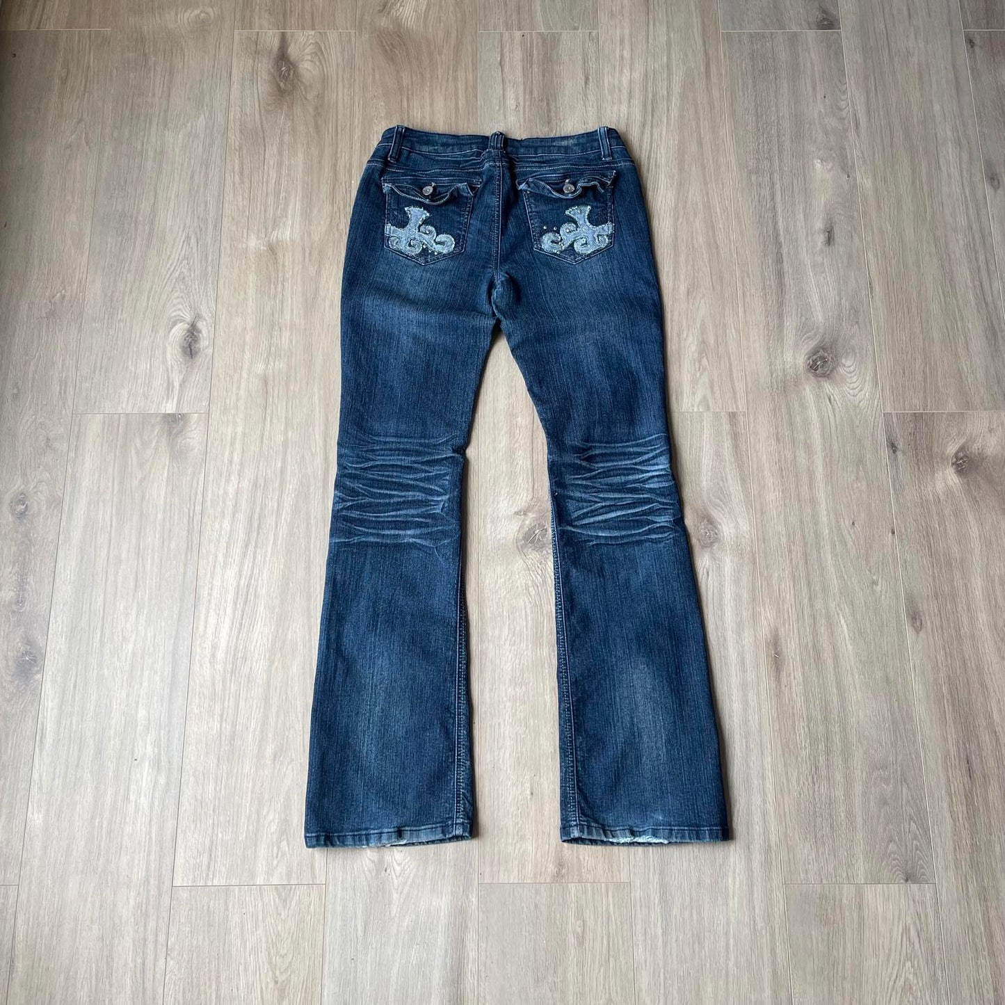 Almost Famous Dark Embroidered Ripped Jeans Y2K Style Low Wasited W30 L33