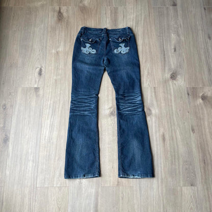 Almost Famous Dark Embroidered Ripped Jeans Y2K Style Low Wasited W30 L33