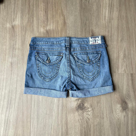 True Religion Blue Embroidered Mini Shorts
