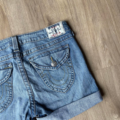 True Religion Blue Embroidered Mini Shorts