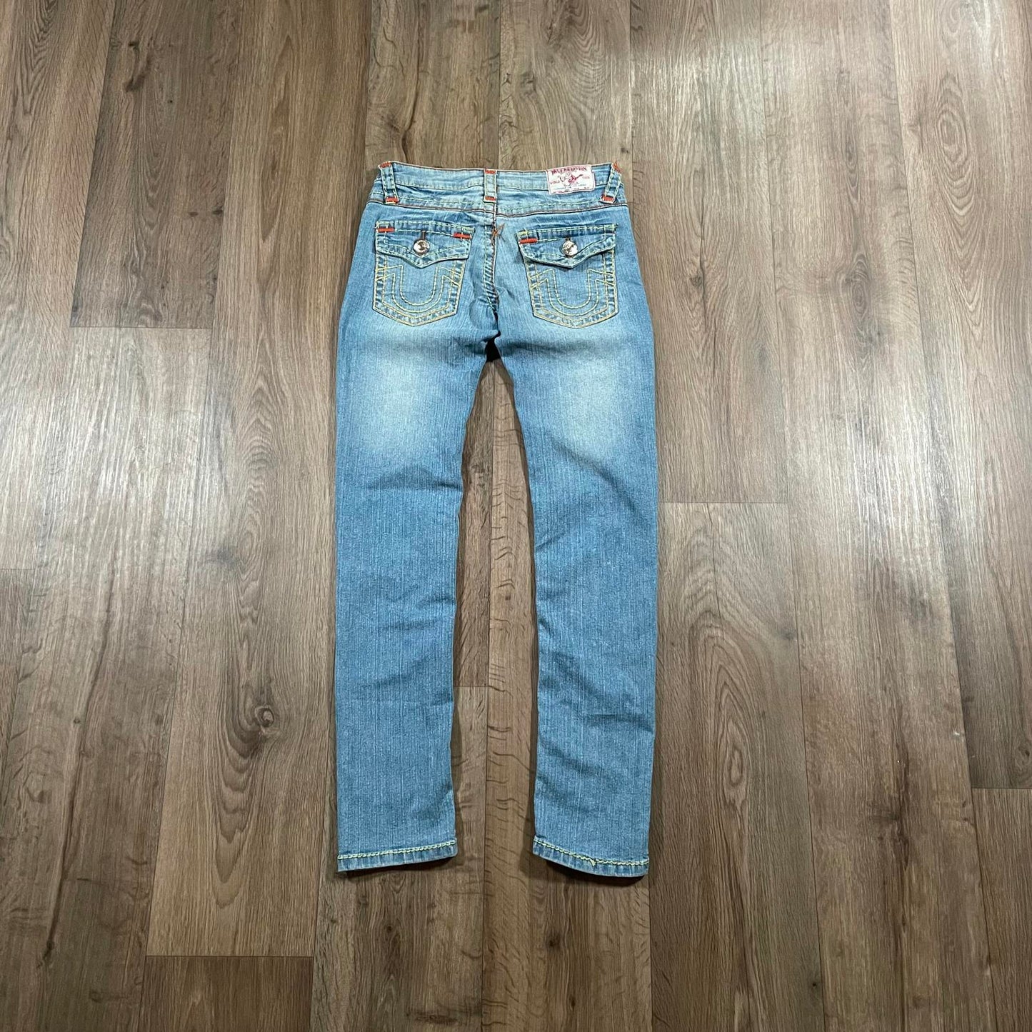 True Religion Blue Straight Leg Jeans Yellow Stitching W29 L30.5