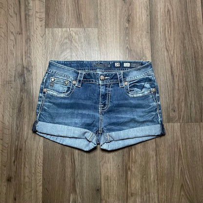 Miss Me Low Waisted Embroidered Mini Denim Shorts