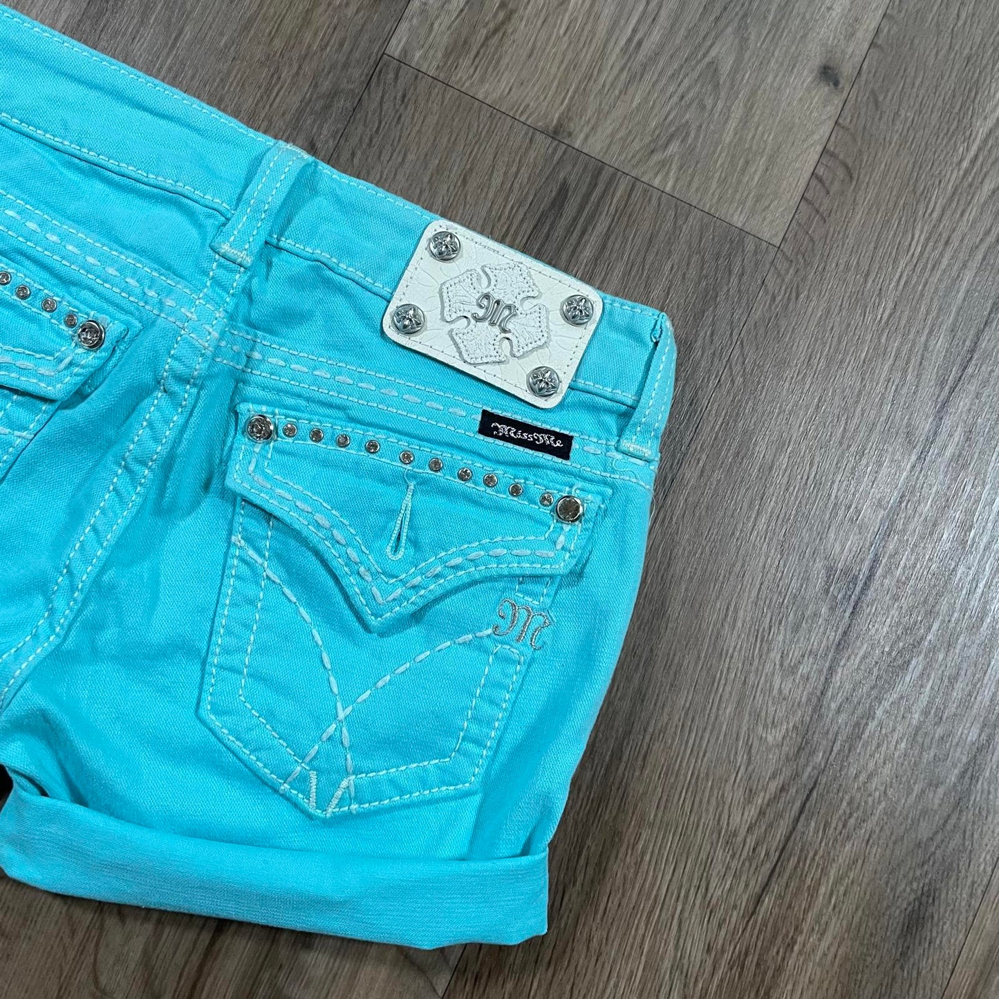 Miss Me Turquoise Embroidered Mini Shorts