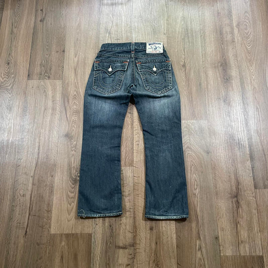 True Religion Boot Cut Jeans With Tan Stitching and Orange Accents W29 L30