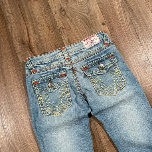 True Religion Blue Straight Leg Jeans Yellow Stitching W29 L30.5
