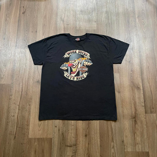 Vintage 2012 Harley Davidson "Work Sucks" Clown Print T-Shirt Black