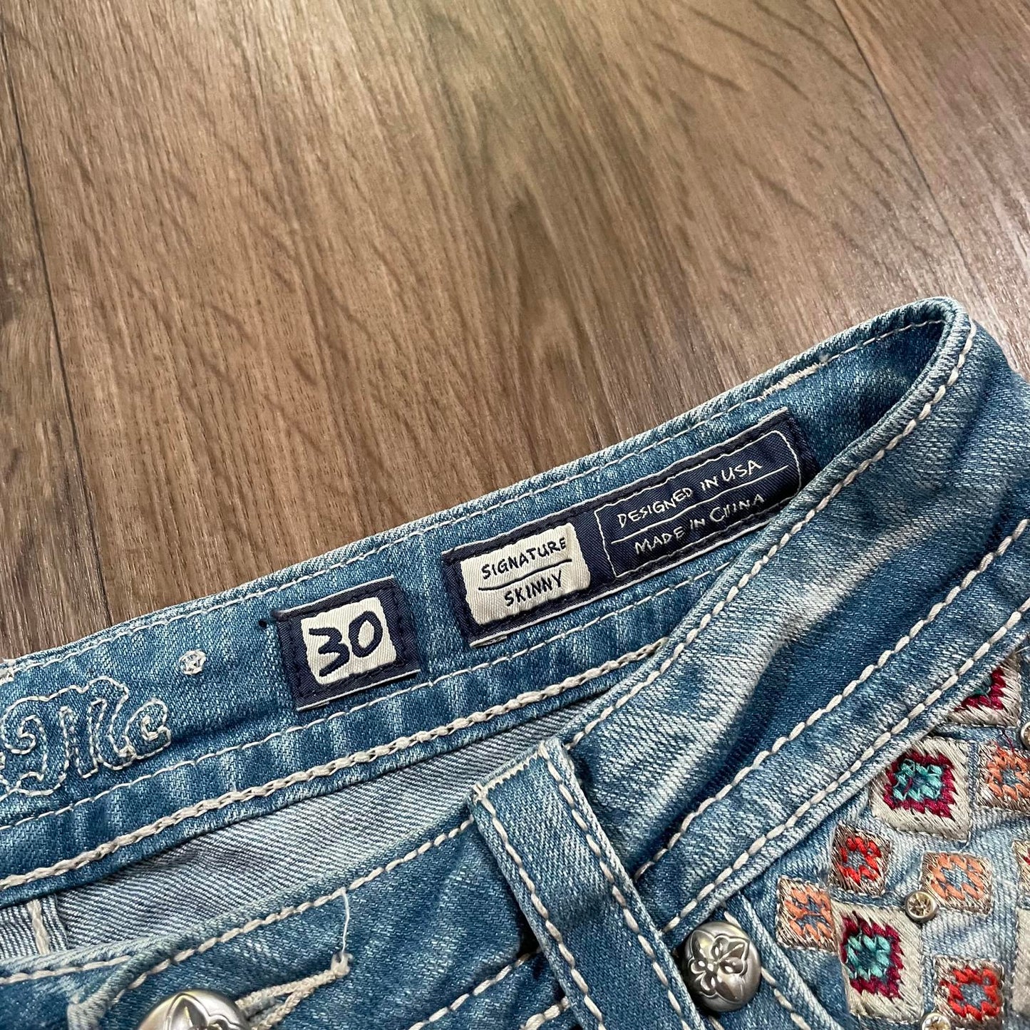 Miss Me Y2K Low Waisted Aztec Embroidered Mini Denim Shorts