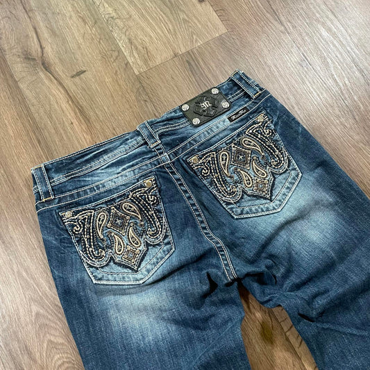 Miss Me Embroidered Boot Cut Mid Rise Jeans