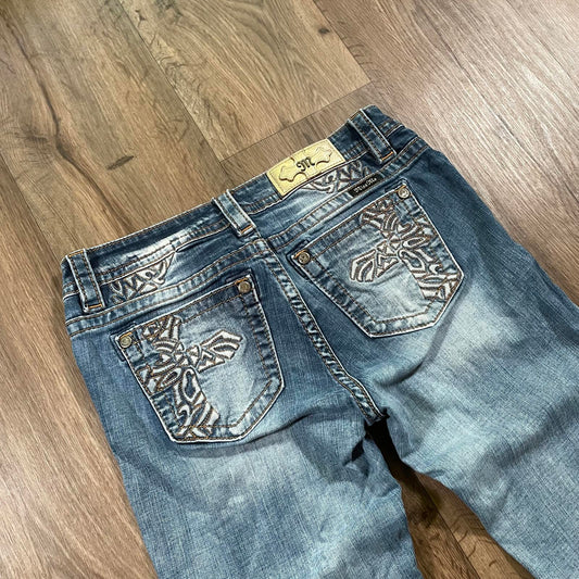 Miss Me Cross Detail Mid Rise Slim Boot Jeans